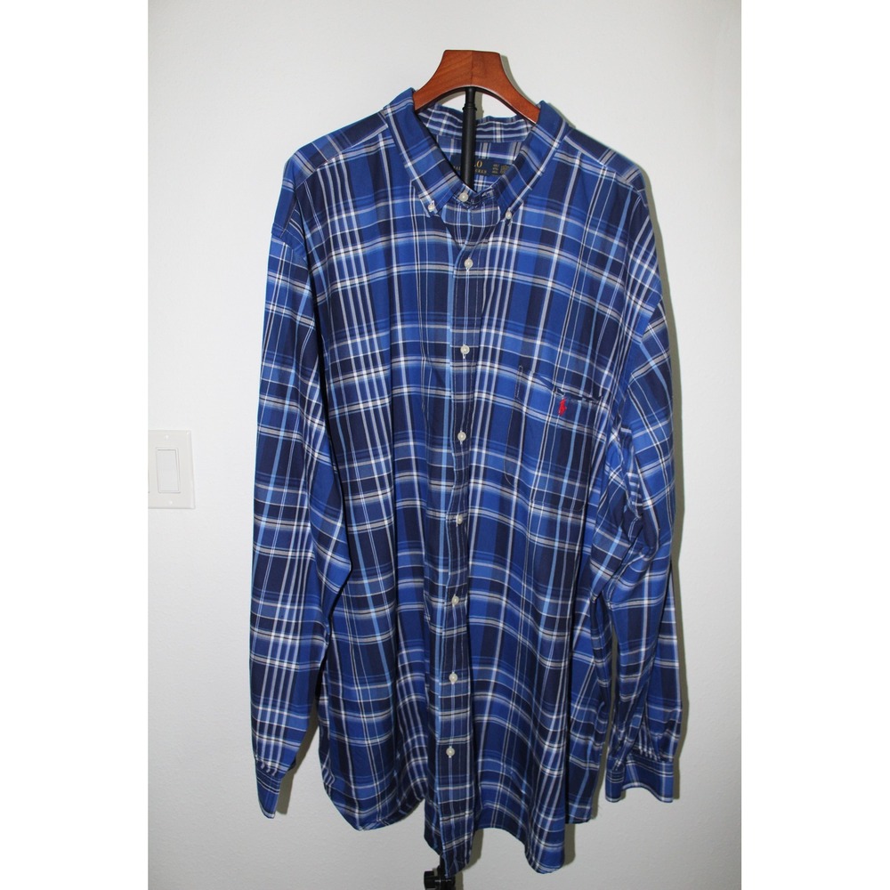Polo Ralph Lauren Men's Blue Plaid Button Down Shirt 4XLT Big and Tall Cotton